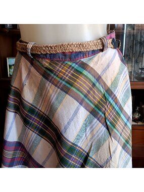 True Vintage Skirt sz 9 26W G.J. Ford New York Multicolor Plaid Woven Belt